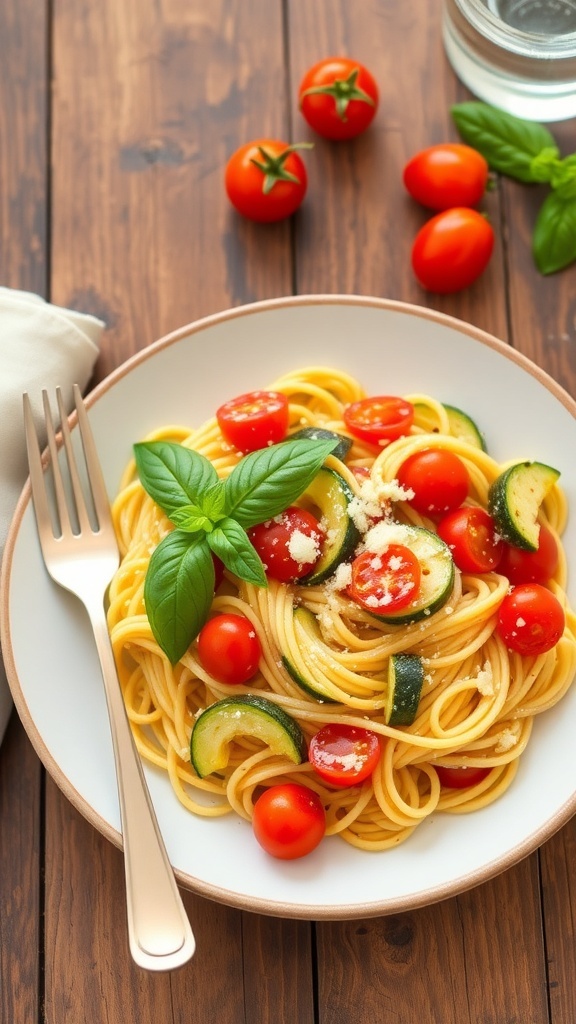 A colorful plate of tomato and zucchini pasta with basil and Parmesan on a wooden table.
